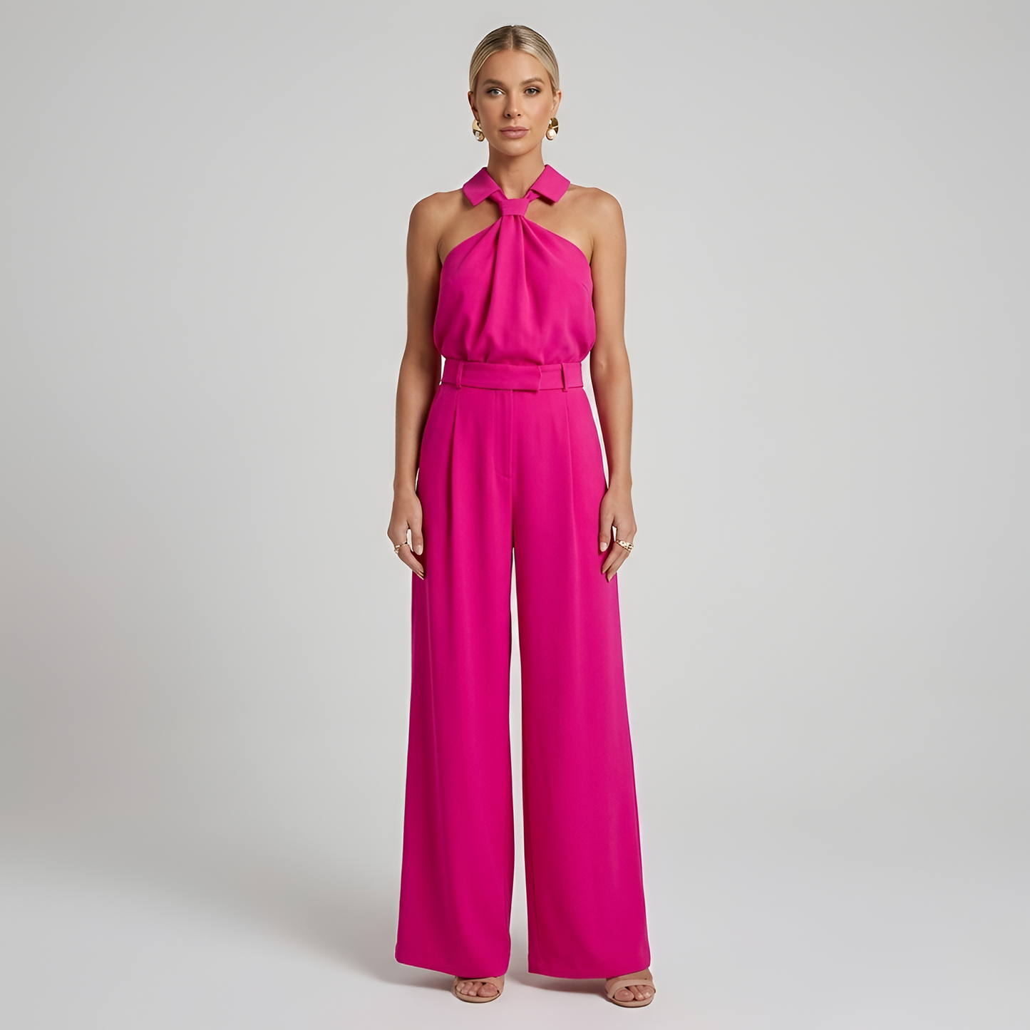 Women's Wide Leg Jumpsuit - Halter Neck - Collared Twist Front - Belted Waist - Dressy Jumpsuit 4