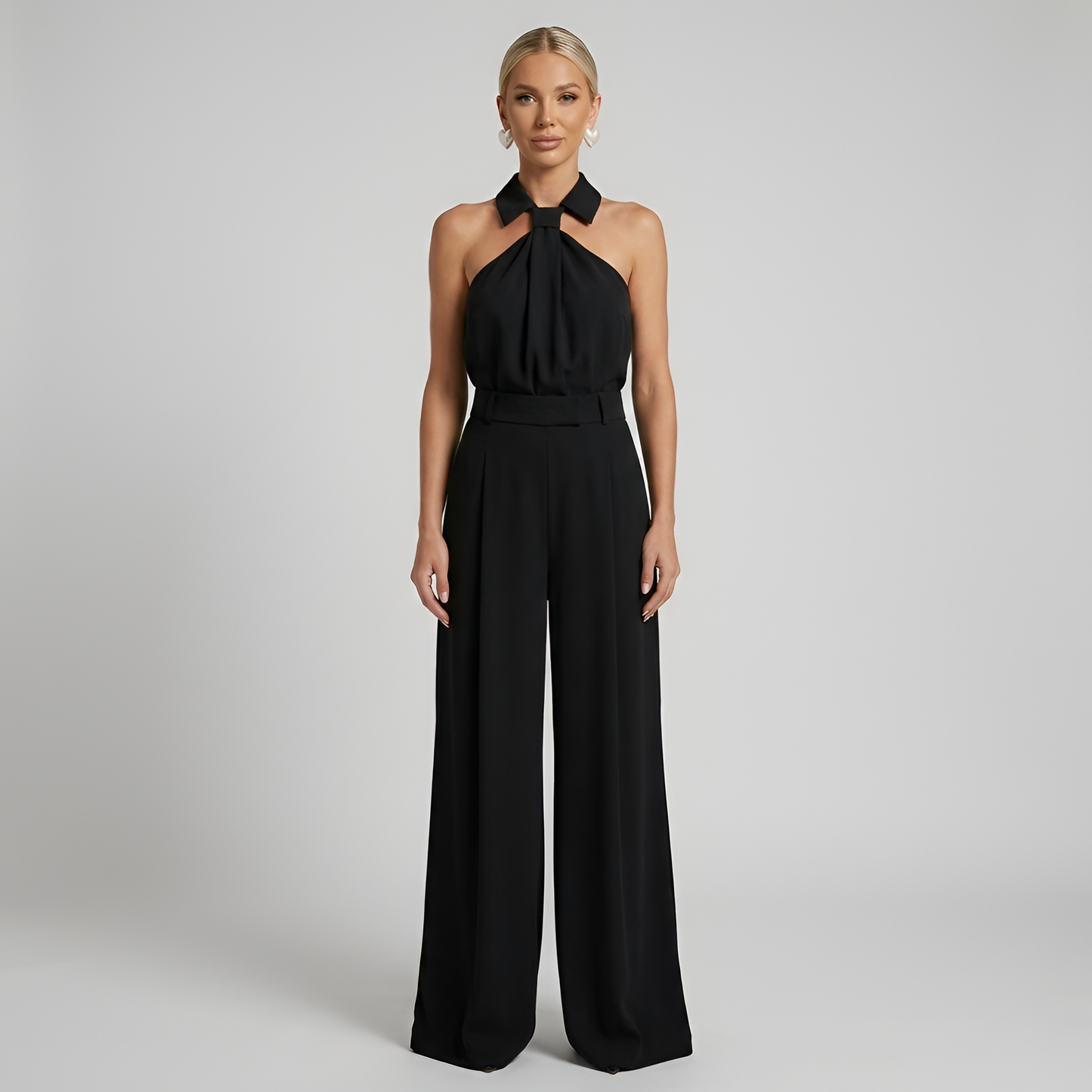 Women's Wide Leg Jumpsuit - Halter Neck - Collared Twist Front - Belted Waist - Dressy Jumpsuit 5