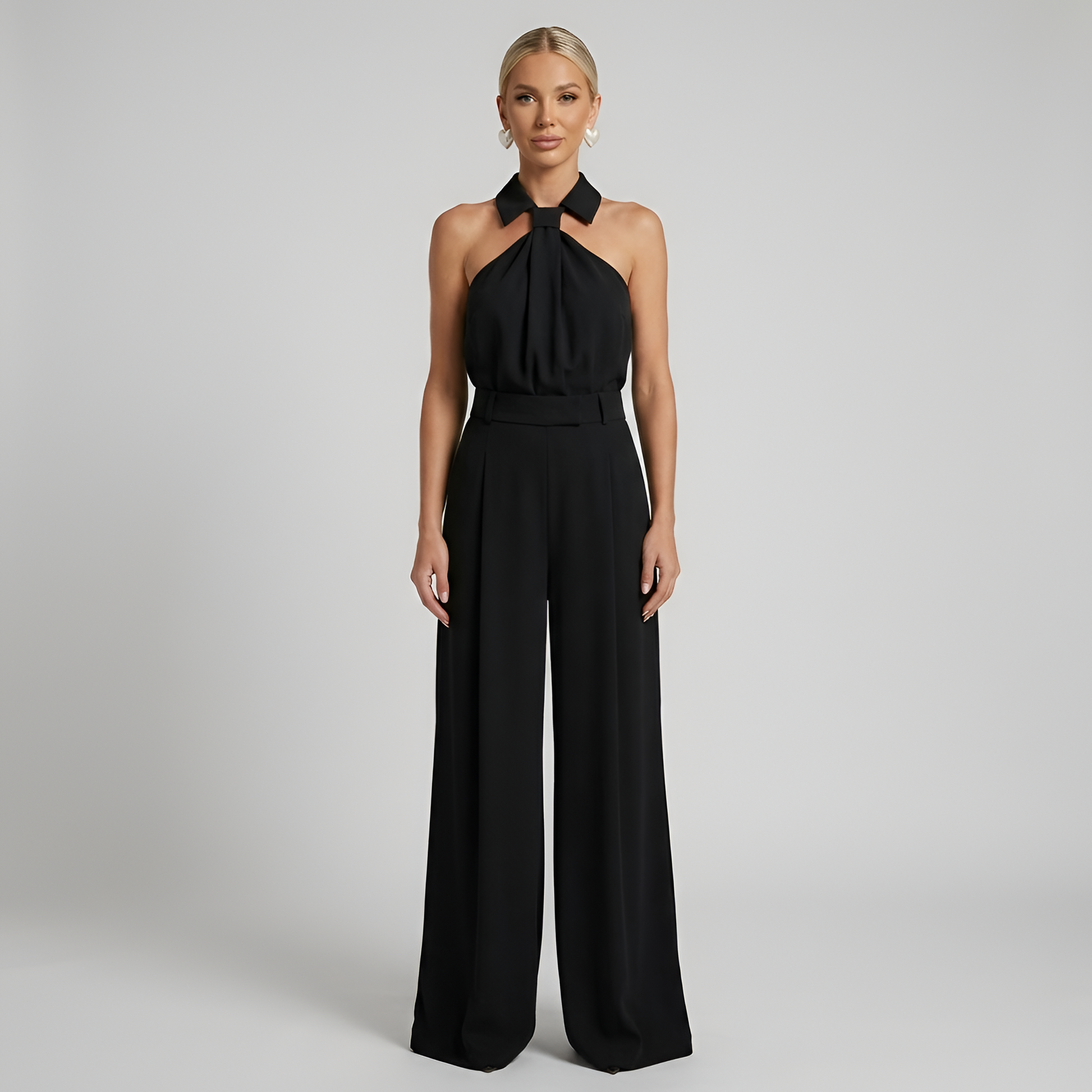 Women's Wide Leg Jumpsuit - Halter Neck - Collared Twist Front - Belted Waist - Dressy Jumpsuit 5