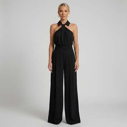 Women's Wide Leg Jumpsuit - Halter Neck - Collared Twist Front - Belted Waist - Dressy Jumpsuit 5