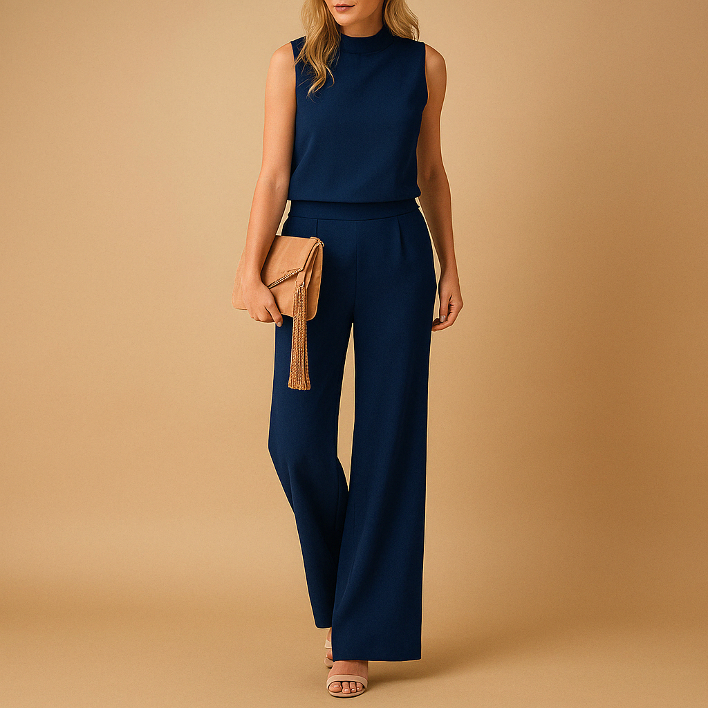 Women’s Wide Leg Jumpsuit – Round Neck Mid-Waist Fit for Elegant Styling 1