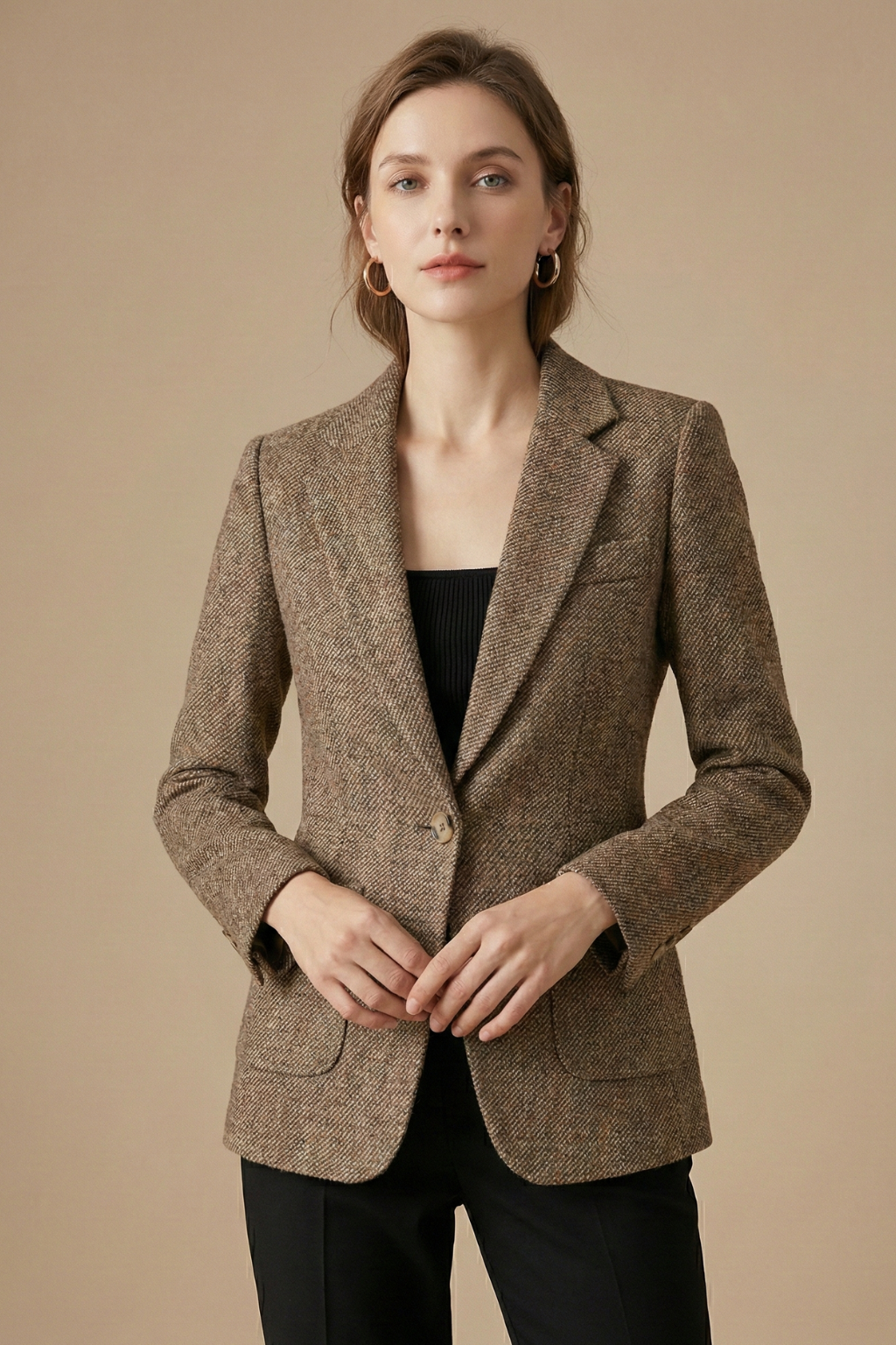 Women’s Wool Blazer Jacket with Notch Lapel Single Button Closure and Front Pockets 0