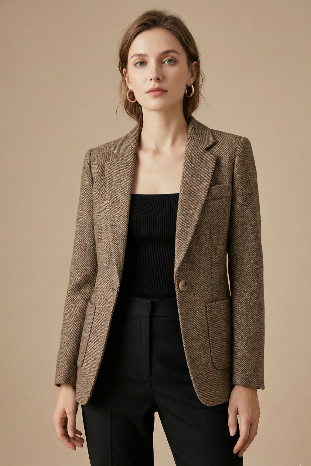 Women’s Wool Blazer Jacket with Notch Lapel Single Button Closure and Front Pockets 1