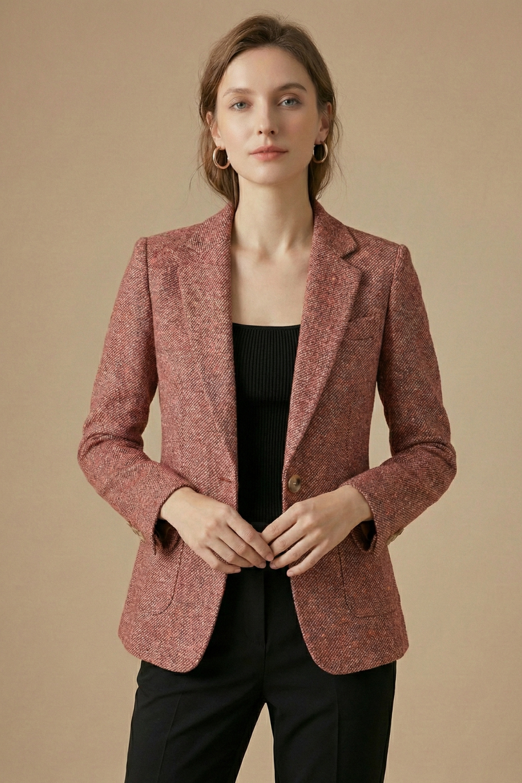 Women’s Wool Blazer Jacket with Notch Lapel Single Button Closure and Front Pockets 3