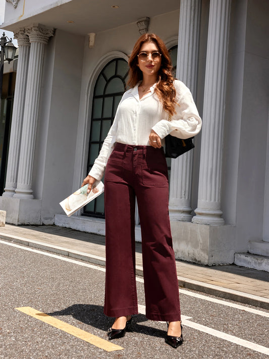 Women's autumn wine red cotton stretch denim pants, wide-leg style, fashionable, versatile and elegant stretch mid-rise straight 0