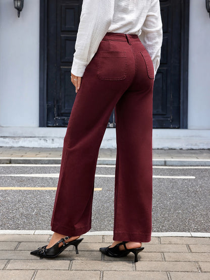 Women's autumn wine red cotton stretch denim pants, wide-leg style, fashionable, versatile and elegant stretch mid-rise straight 1