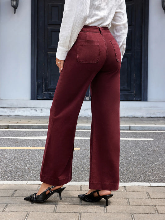 Women's autumn wine red cotton stretch denim pants, wide-leg style, fashionable, versatile and elegant stretch mid-rise straight 1