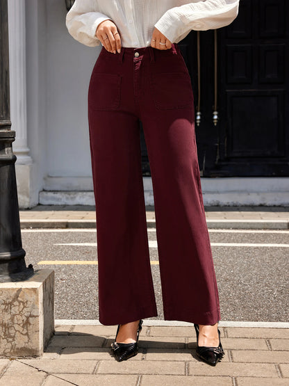 Women's autumn wine red cotton stretch denim pants, wide-leg style, fashionable, versatile and elegant stretch mid-rise straight 2