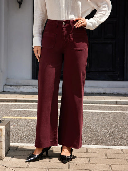 Women's autumn wine red cotton stretch denim pants, wide-leg style, fashionable, versatile and elegant stretch mid-rise straight 3