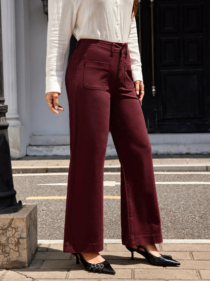 Women's autumn wine red cotton stretch denim pants, wide-leg style, fashionable, versatile and elegant stretch mid-rise straight 4
