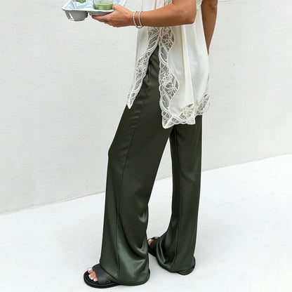 Women y2k Fairy Satin Wide Leg Pants Silk Casual Dressy Long Flowy Pants Elastic High Waisted Loose Soft Straight Leg Trousers 5