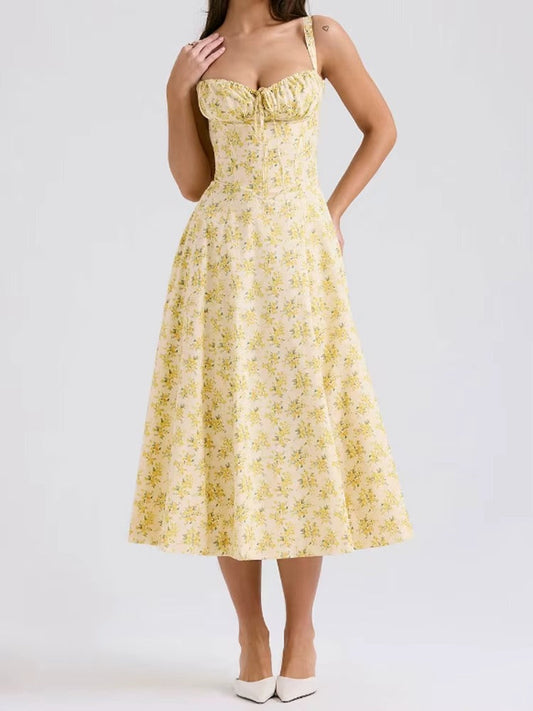 Yellow Floral Formal Summer Midi Dress 0