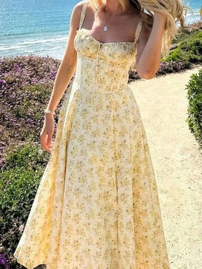 Yellow Floral Formal Summer Midi Dress 1