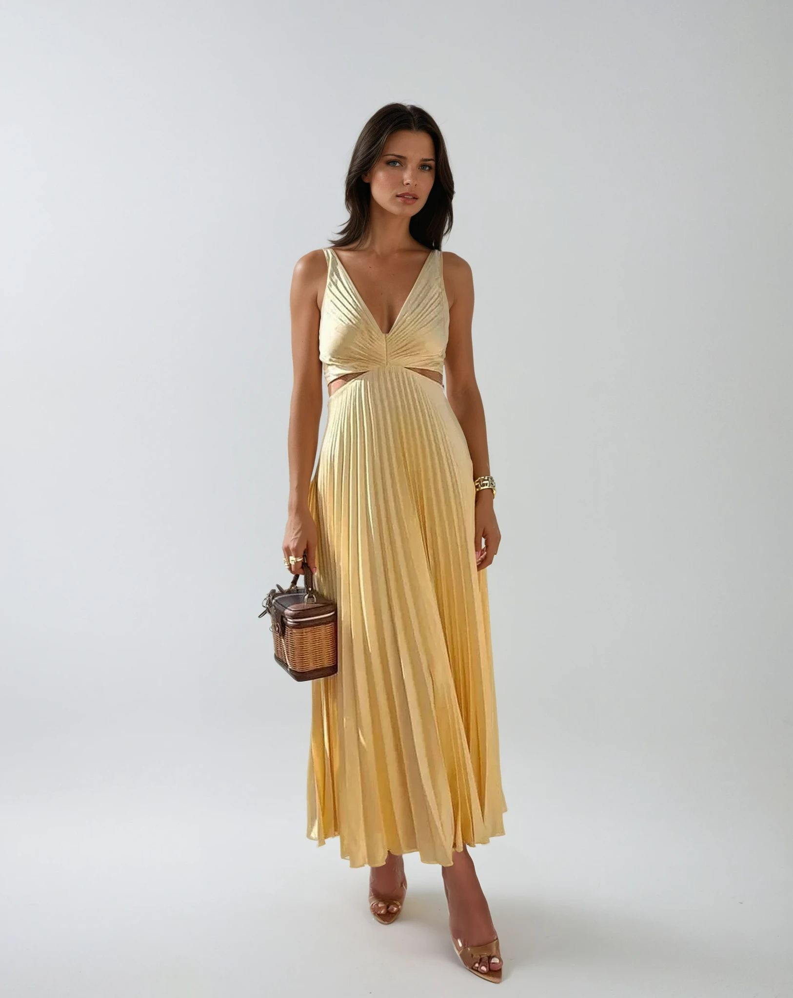 yellow pleated maxi dress Yellow Pleated Maxi Dress With Long Silhouette