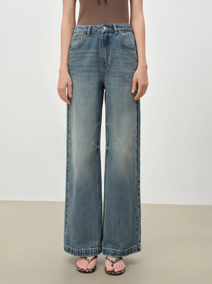 ZIQIAO Retro Waistnut Pattern Floor-Length Wide-Leg Pants for Petite Women Mid-High Waist Denim Blue New Spring 2026 Collection 1
