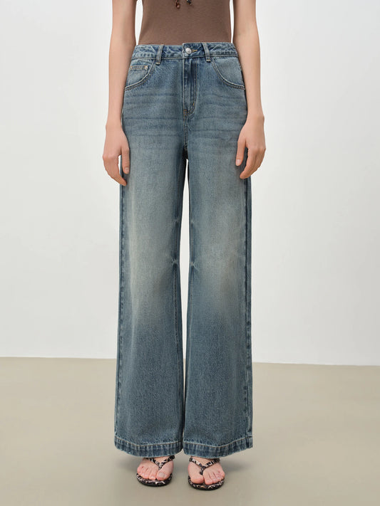ZIQIAO Retro Waistnut Pattern Floor-Length Wide-Leg Pants for Petite Women Mid-High Waist Denim Blue New Spring 2026 Collection 1