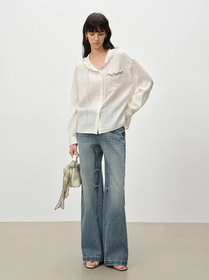ZIQIAO Retro Waistnut Pattern Floor-Length Wide-Leg Pants for Petite Women Mid-High Waist Denim Blue New Spring 2026 Collection 2
