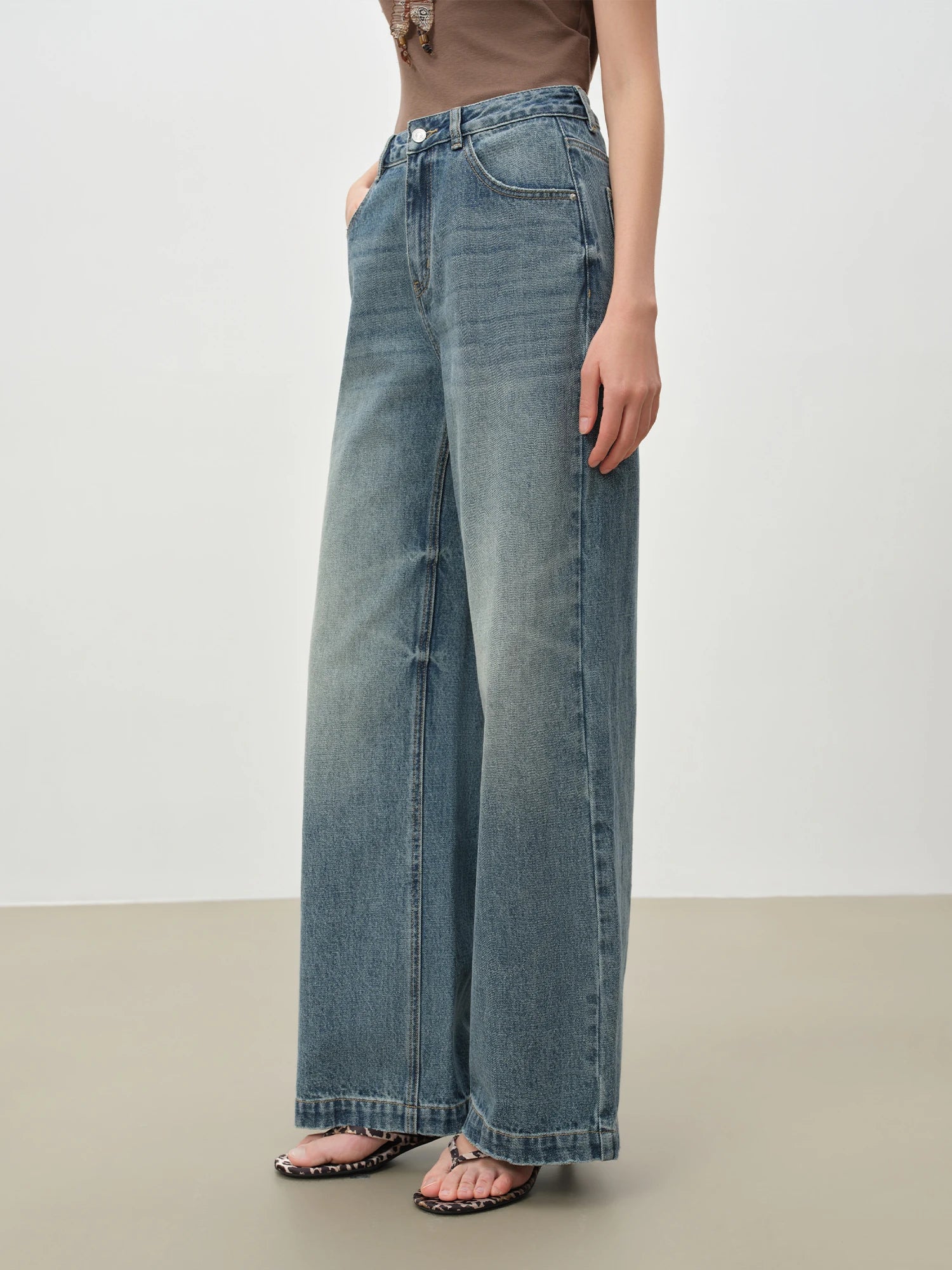 ZIQIAO Retro Waistnut Pattern Floor-Length Wide-Leg Pants for Petite Women Mid-High Waist Denim Blue New Spring 2026 Collection 3