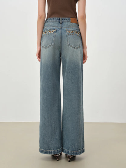 ZIQIAO Retro Waistnut Pattern Floor-Length Wide-Leg Pants for Petite Women Mid-High Waist Denim Blue New Spring 2026 Collection 4