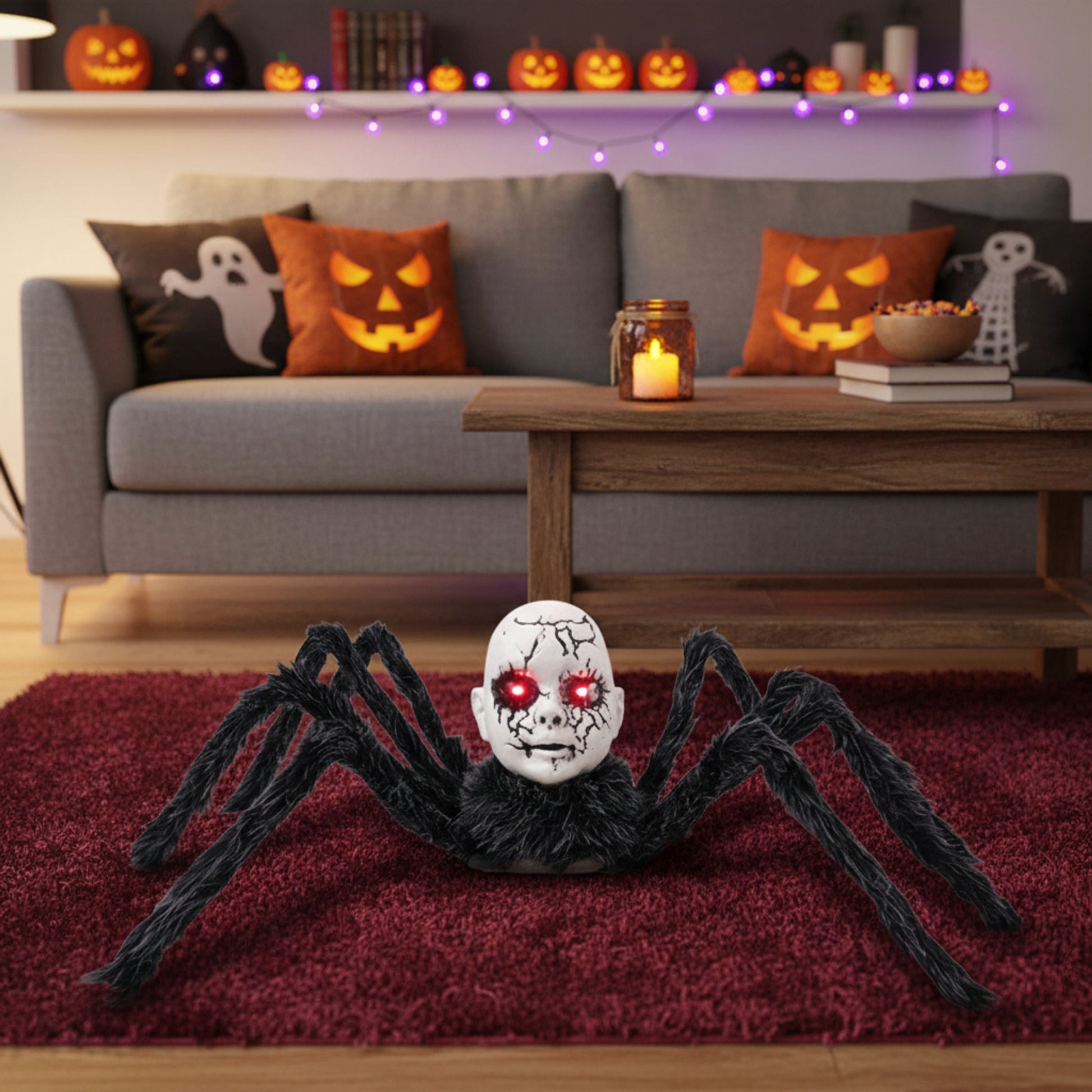 Animatronic Spider Prop Doll Face Glowing Red Eyes Halloween Decor - Image 3