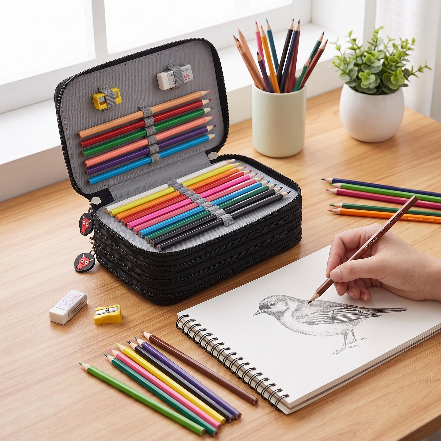 Pencil Case Zippered Holder Large Capacity Art Supply Organizer - in-use
