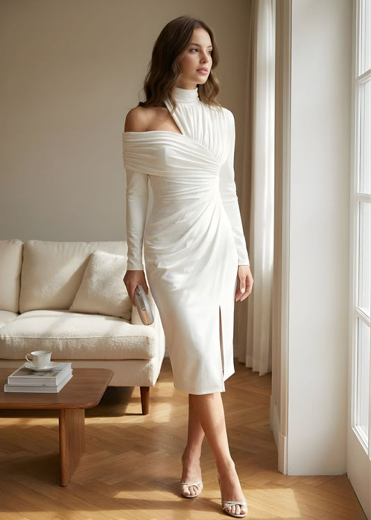 Asymmetric One Shoulder Bodycon Midi Dress - Long Sleeve Ruched Cocktail Dress