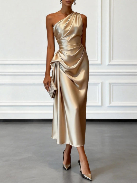 Asymmetric One Shoulder Satin Midi Dress with Ruched Waist