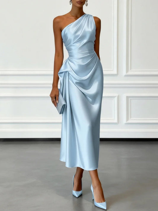 Asymmetric One Shoulder Satin Midi Dress with Ruched Waist