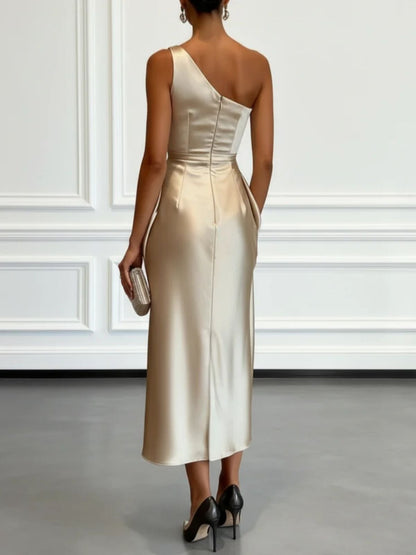 Asymmetric One Shoulder Satin Midi Dress with Ruched Waist