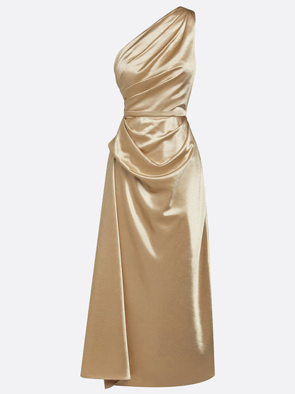 Asymmetric One Shoulder Satin Midi Dress with Ruched Waist