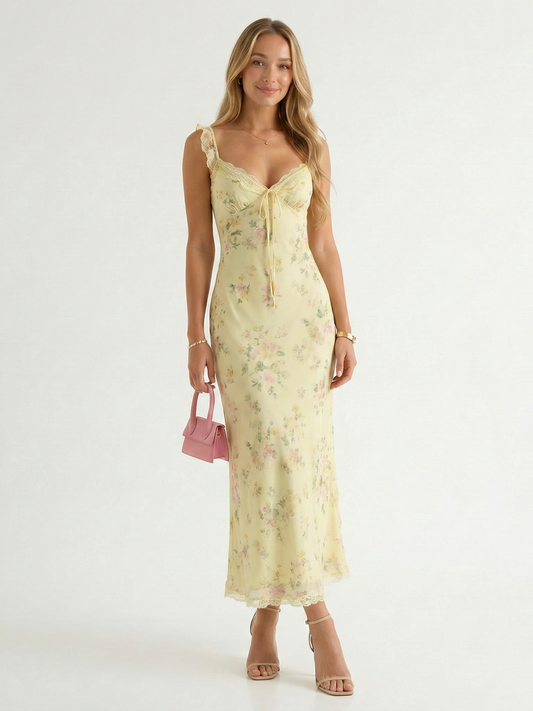 Backless Floral Midi Slip Dress with Spaghetti Straps and V-Neck
