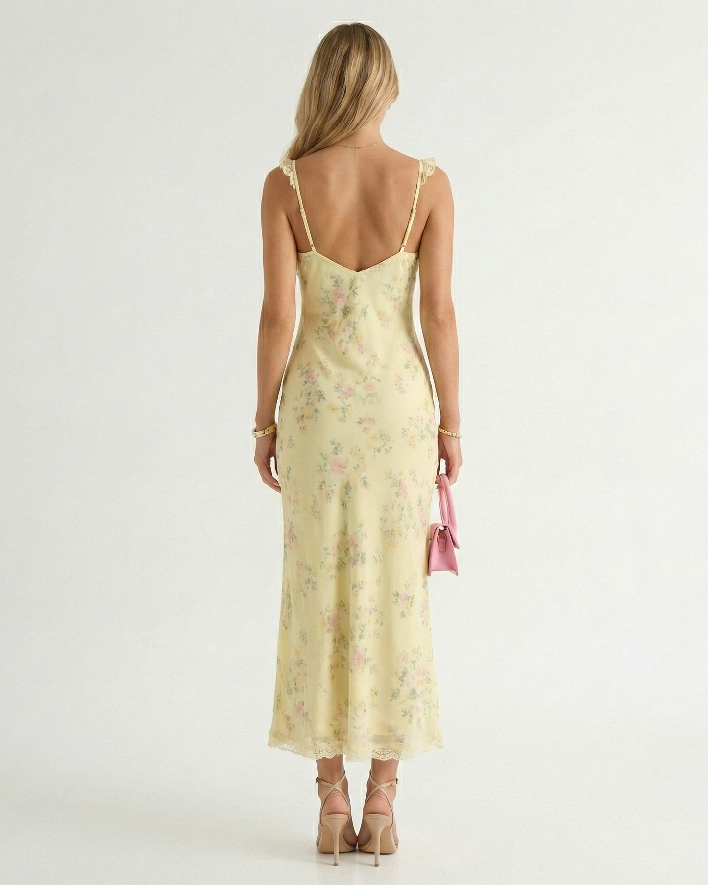 Backless Floral Midi Slip Dress with Spaghetti Straps and V-Neck