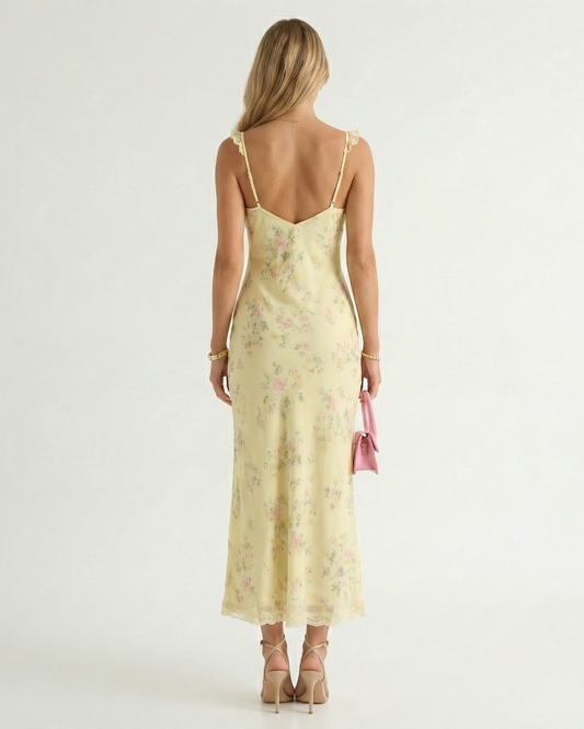 Backless Floral Midi Slip Dress with Spaghetti Straps and V-Neck
