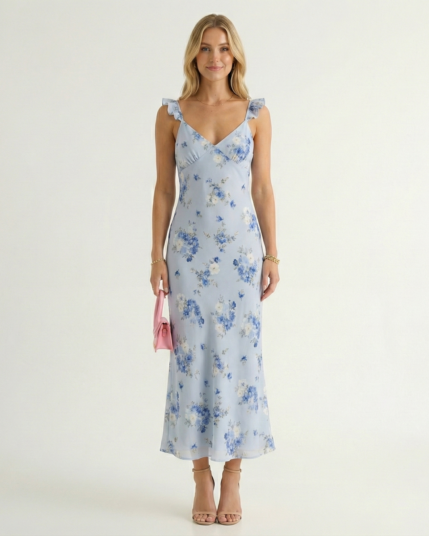 Backless Floral Midi Slip Dress with Spaghetti Straps and V-Neck