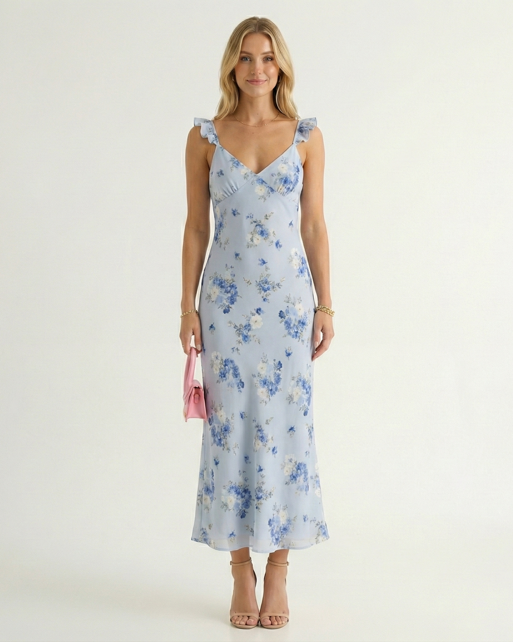 Backless Floral Midi Slip Dress with Spaghetti Straps and V-Neck
