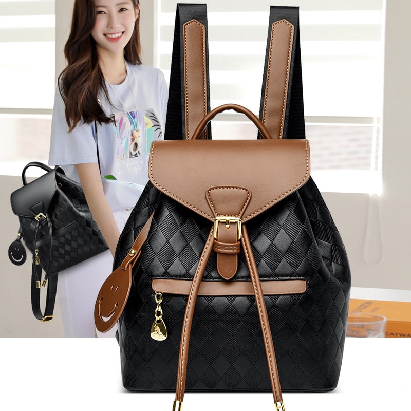 Backpack Stylish Drawstring Flap Faux Leather - Image 2