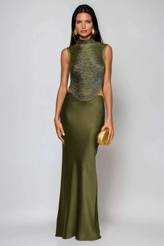 Beaded High Neck Top and Satin Maxi Skirt Two-Piece Set for Women