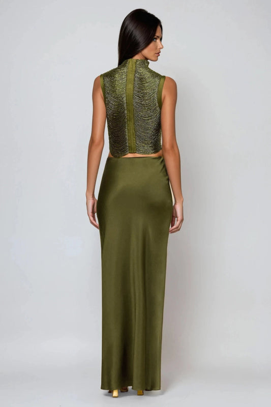 Beaded High Neck Top and Satin Maxi Skirt Two-Piece Set for Women