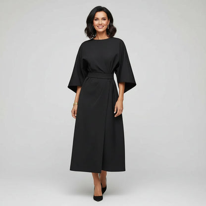 Belted Round Neck Wide Sleeve Midi Dress with Tie Waist