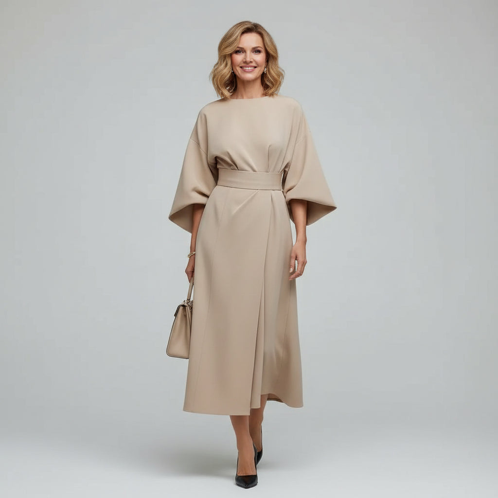 Belted Round Neck Wide Sleeve Midi Dress with Tie Waist
