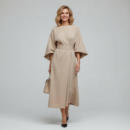 Belted Round Neck Wide Sleeve Midi Dress with Tie Waist