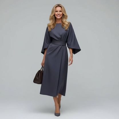Belted Round Neck Wide Sleeve Midi Dress with Tie Waist
