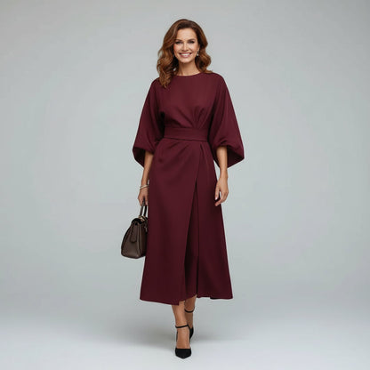 Belted Round Neck Wide Sleeve Midi Dress with Tie Waist