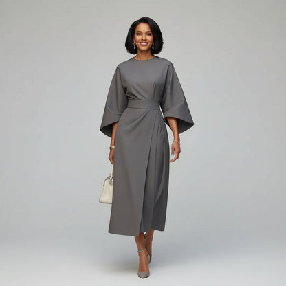 Belted Round Neck Wide Sleeve Midi Dress with Tie Waist