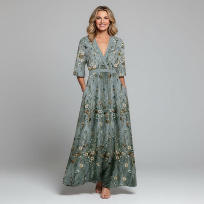 Boho Floral Embroidered Maxi Dress - V-Neck Short Sleeve Garden Party Dress