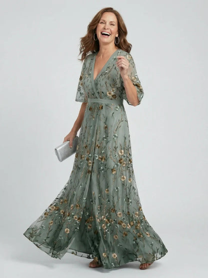 Boho Floral Embroidered Maxi Dress - V-Neck Short Sleeve Garden Party Dress
