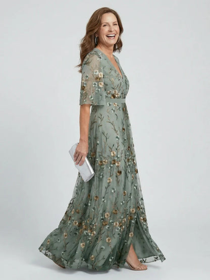 Boho Floral Embroidered Maxi Dress - V-Neck Short Sleeve Garden Party Dress