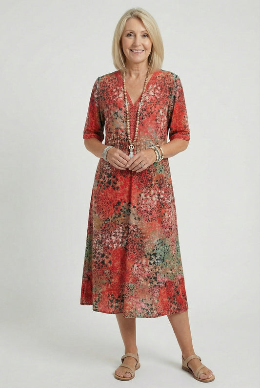 Boho V-Neck Print Midi Dress with Pockets for Women