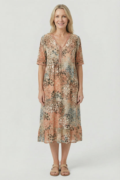 Boho V-Neck Print Midi Dress with Pockets for Women