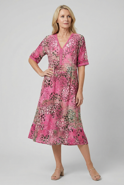 Boho V-Neck Print Midi Dress with Pockets for Women